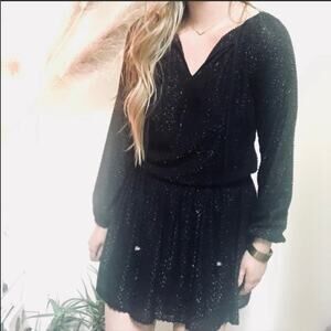 MICHAEL KORS Long Sleeve VNeck LBD Black Metallic Drop Waist Sparkle Dress S